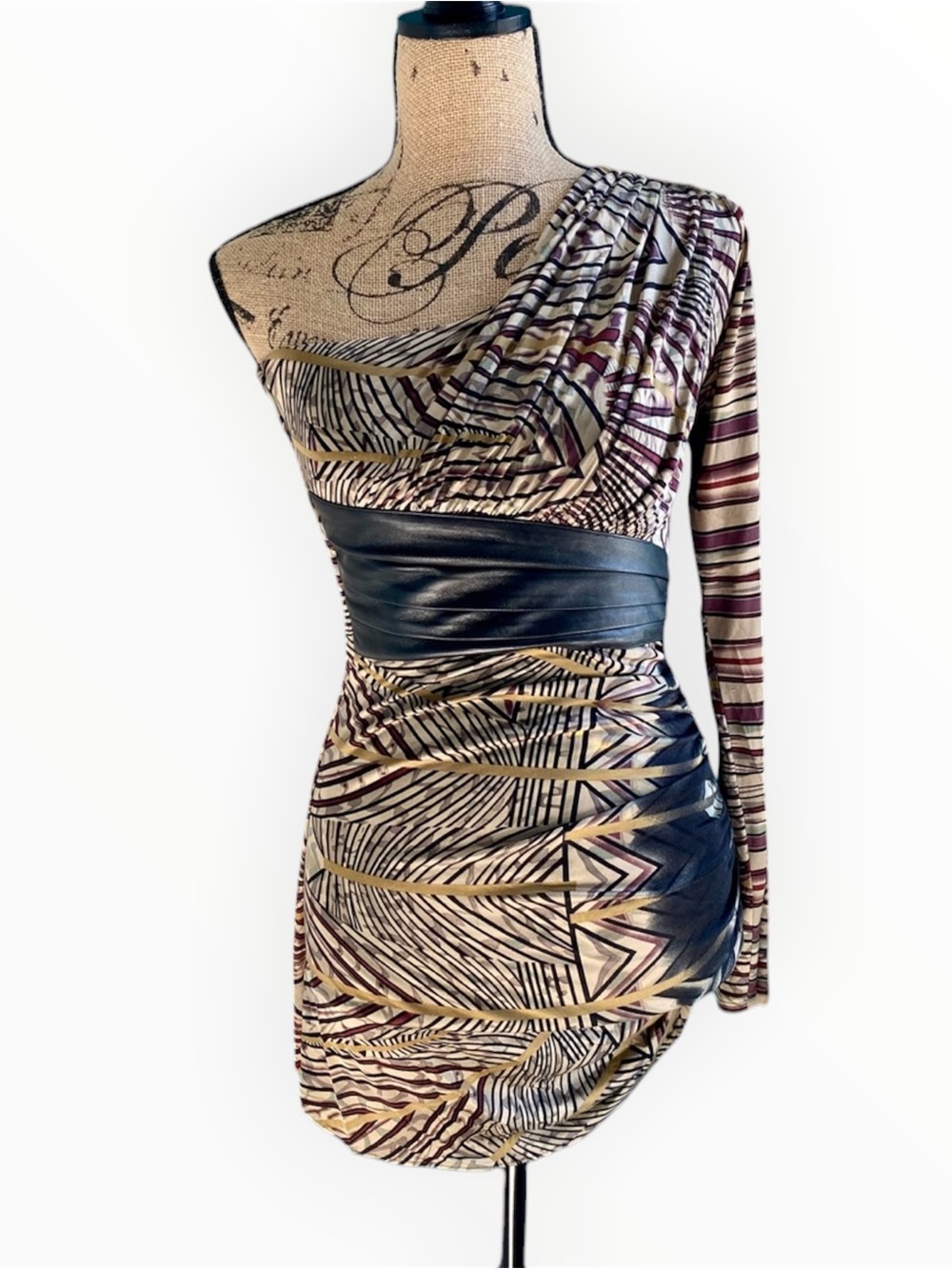 Sky Y2K One Shoulder Leather Waist Abstract Print Mini Dress Women’s Small